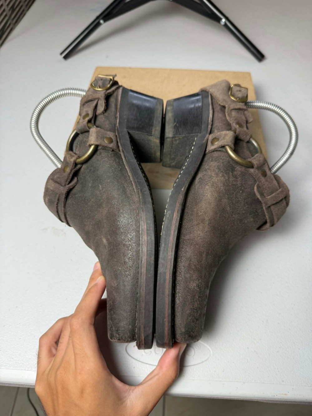 FRYE Belted Harness Mules
Clogs Biker Riding Brown Leather Size 7.5 USA Made - Picture 5 of 14